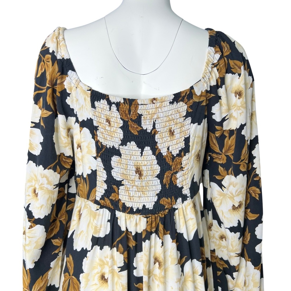 Old Navy Dark Floral Maxi Dress L Black White Brown Milkmaid Square Neck - Picture 6 of 11
